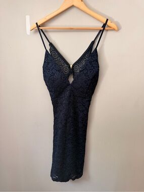Elegant Navy Lace Slip Dress with Spaghetti Straps